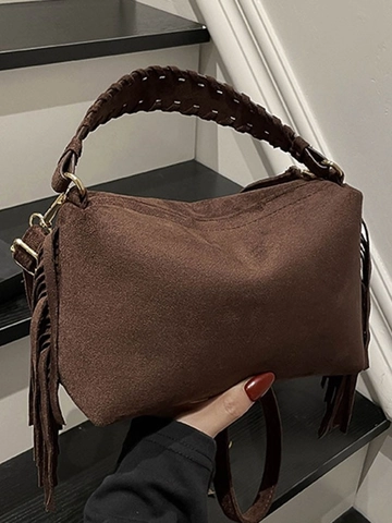 Borsa a Bauletto Vintage in Pelle PU Effetto Scamosciato con Frange per Donna Retrò Manico Intrecciato Borsa a Tracolla Piccola