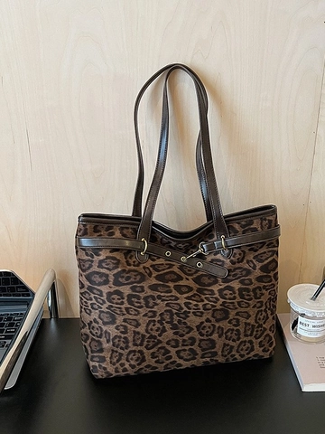 Borsa Tote da Donna con Stampa Leopardata Grande Capacità Casual da Ufficio in Tessuto e Pelle Sintetica Borsa a Spalla