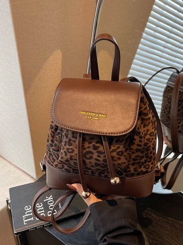 Dames Vintage Luipaardprint Patchwork Mini Rugzak PU Leer Trekkoord Flap Schoudertas Mode Grote Capaciteit Handtas