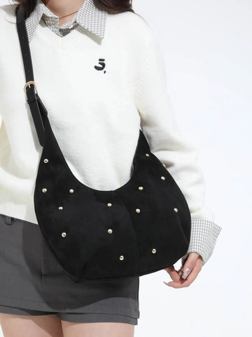 Vintage Suede Rivet Hobo Bag For Women Large Capacity Crossbody Shoulder Bag Retro Dumpling Bag Commuter Handbag