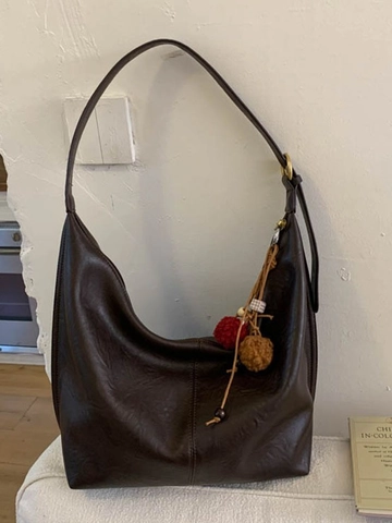Large Capacity PU Leather Hobo Bag For Women Vintage Solid Color Shoulder Crossbody Bag With Pom Pom Charm Fashion Travel Purse