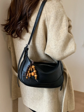 Borsa Hobo in Pelle PU Retrò Minimalista per Donna Borsa a Spalla Sottobraccio a Mezzaluna Con Ciondolo in Perline di Legno Vintage