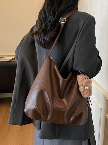 Große Kapazität Pendler Beuteltasche Für Damen Retro Plissee PU Leder Schultertasche Mit Plüschbär Anhänger Hobo Tote Bag