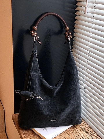 Vintage PU Leather Tote Bag Large Capacity Shoulder Bag With Wood Bead Handle Leopard Print Retro Commute Handbag For Women