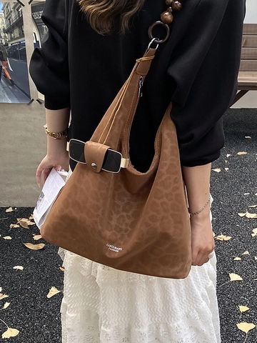 Vintage PU Leather Tote Bag Large Capacity Shoulder Bag With Wood Bead Handle Leopard Print Retro Commute Handbag For Women