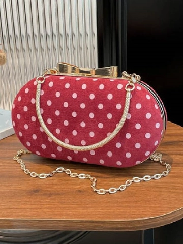 Vintage Polka Dot PU Leather Evening Bag With Metal Ring Handle And Chain Strap For Women Bow Buckle Shoulder Crossbody Bag