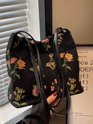 Vintage Blumen Stickerei Canvas Tragetasche Für Damen Große Kapazität Schulter Beuteltasche Retro Ethno Stil Bestickte Handtasche