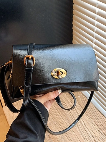 Bolso de Bandolera de Cuero PU Vintage para Mujer Bolso de Hombro Cuadrado Brillante Con Cierre de Metal Dorado