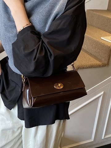 Bolso de Bandolera de Cuero PU Vintage para Mujer Bolso de Hombro Cuadrado Brillante Con Cierre de Metal Dorado