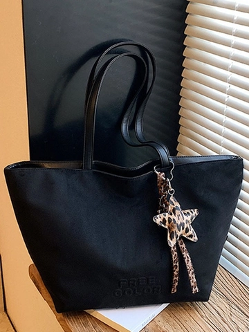 Large Capacity Suede PU Tote Bag For Women Vintage Shoulder Bag With Leopard Star Charm Fashion Commuter Solid Color Handbag