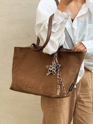 Large Capacity Suede PU Tote Bag For Women Vintage Shoulder Bag With Leopard Star Charm Fashion Commuter Solid Color Handbag