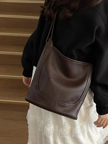 Borsa Secchiello Donna Pelle PU Retrò Grande Capacità Motivo Litchi Borsa a Tracolla Minimalista Moda Borsa a Mano