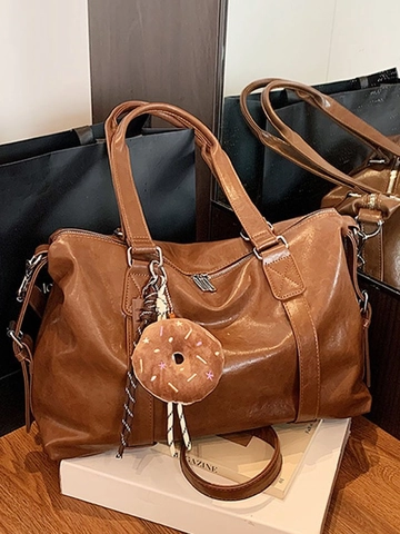 Women Large Capacity Tote Bag Vintage PU Leather Shoulder Bag Fashion Trendy Handbag With Donut Charm Casual Travel Crossbody Bag