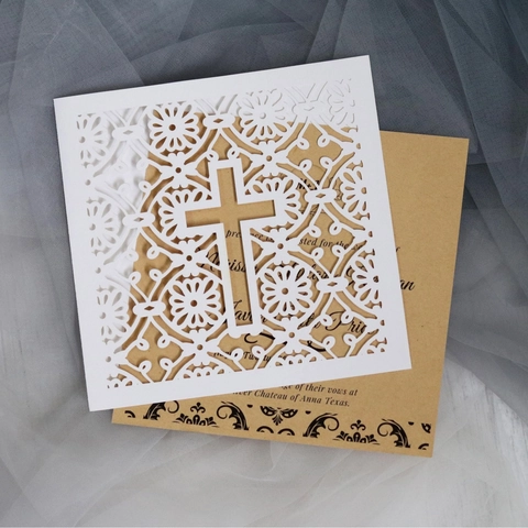 Inviti di Nozze con Croce in Stile Europeo Taglio Laser Carta Perlata Biglietto d'Auguri Cavo per Cerimonia di Battesimo