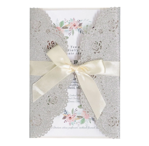 Glitzer Lasergeschnittene Hochzeitseinladungskarten Mit Umschlägen Schleife Rose Blume Hohl Design Romantische Einladungen