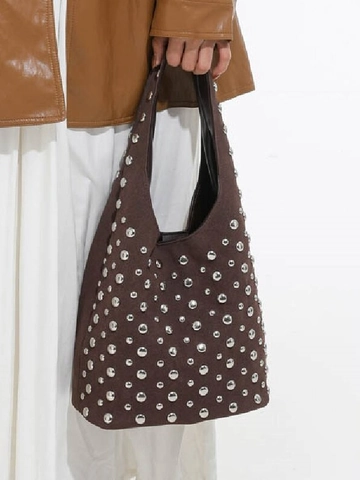 Sac Fourre-tout Punk à Rivets pour Femmes Vintage Hobo Sac à Épaule en Tissu Grande Capacité Mode Sacoche avec Clous en Métal