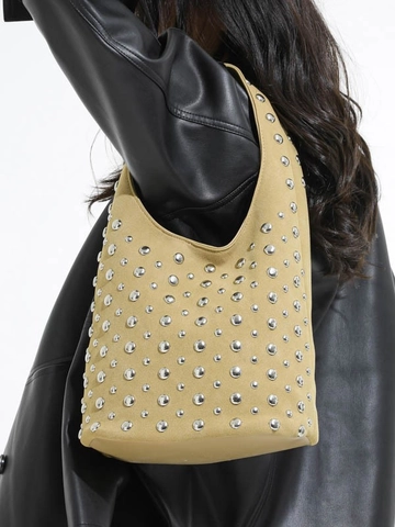 Sac Fourre-tout Punk à Rivets pour Femmes Vintage Hobo Sac à Épaule en Tissu Grande Capacité Mode Sacoche avec Clous en Métal