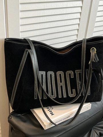 Vintage Große Kapazität Damen Tragetasche Matt PU Leder Schultertasche Mit Buchstaben-Patch Kontrastnähte Für Den Pendlerverkehr