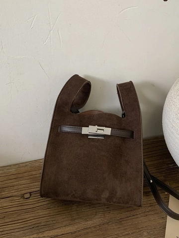 Vintage Women PU Suede Texture Bucket Bag With Metal Turn Lock Adjustable Shoulder Crossbody Bag Handbag For Daily Commute