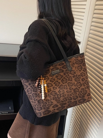 Vintage Frosted Leopard Print Tote Bag For Women Large Capacity PU Shoulder Bag With Wood Bead Charm Casual Commuter Shopper Bag