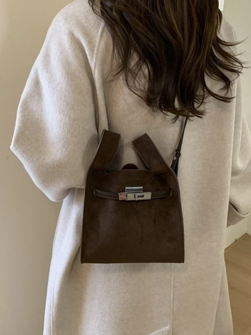 Vintage Women PU Suede Texture Bucket Bag With Metal Turn Lock Adjustable Shoulder Crossbody Bag Handbag For Daily Commute