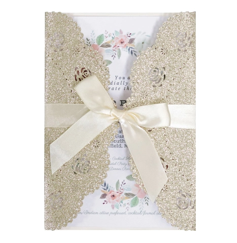 Glitzer Lasergeschnittene Hochzeitseinladungskarten Mit Umschlägen Schleife Rose Blume Hohl Design Romantische Einladungen
