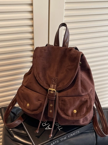 Retro Suede Women's Backpack Fashion Versatile Casual Travel School Bag Solid Color Pleated Design With Metal Buckle