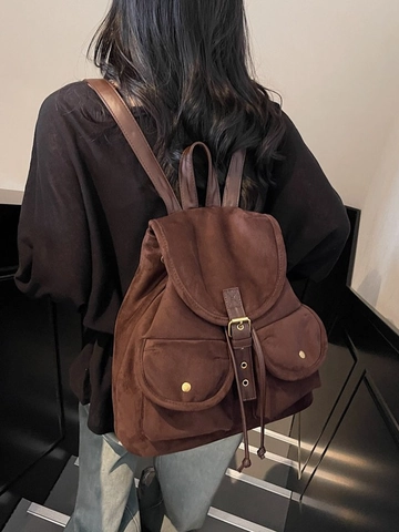 Retro Suede Women's Backpack Fashion Versatile Casual Travel School Bag Solid Color Pleated Design With Metal Buckle