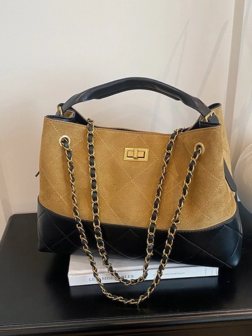 Borsa a Tracolla Trapuntata in Pelle PU Patchwork Vintage per Donna Borsa a Spalla in Scamosciato a Grande Capacità Con Catena
