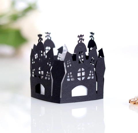 Laser Cut Castle Pearlescent Paper Lampshade Halloween Gothic Candle Wrap For Wedding Birthday Festival Party Table Decoration