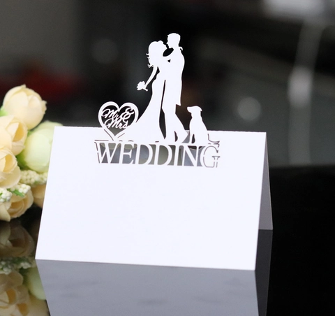 Laser Cutout Wedding Place Cards Pearlescent Paper Heart Couple Silhouette Table Name Cards For Banquet Decoration