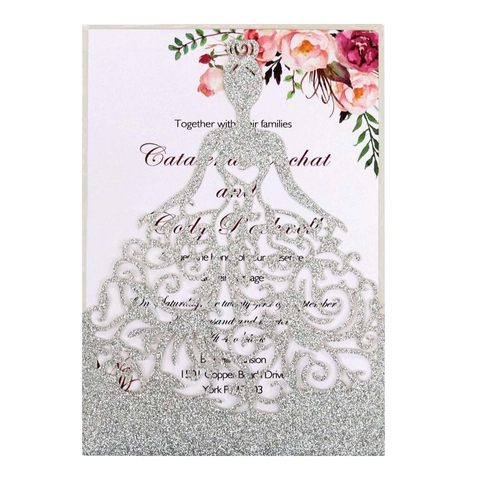 Inviti di Nozze Tagliati al Laser Glitterati a Forma di Abito Intagliati in Carta Perlata Biglietti d'Auguri Con Buste Pagine Interne per Matrimonio Festa Banchetto