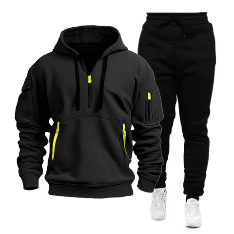 Tuta da Uomo Completo in Poliestere Felpa Con Cappuccio e Mezza Zip e Pantaloni Jogger Con Tasche Multiple Per Lo Sport