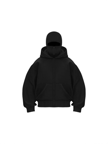 Men Streetwear Balaclava Full Face Mask Zip Up Hoodie Double Layer Hooded Sweatshirt Oversized Polyester Couple Jacket Top