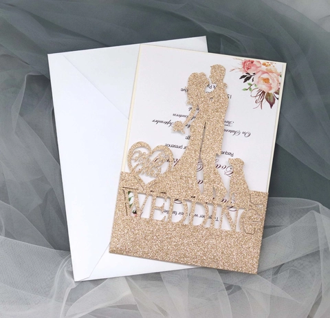 Invitations de Mariage Découpées au Laser Avec Enveloppe Élégant Papier Scintillant Silhouette de Couple Cartes de Voeux pour Fiançailles
