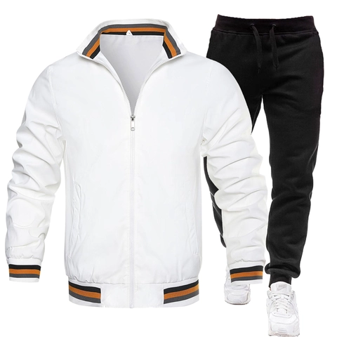 Men's Casual Sporty Tracksuit Stand Collar Zip Up Jacket And Drawstring Jogger Pants Striped Ribbed Trim Men Suits