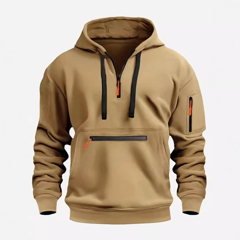 Men's Tactical Fleece Hoodie Half Zipper Multi Pockets Hooded Sweatshirt European Size Sports Casual Pullover Sweatshirt Top