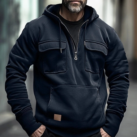 Men's Tactical Cargo Hoodie Half-Zip Multi-Pocket Sweatshirt Cotton Blend Pullover With Leather Patch Outerwear Top
