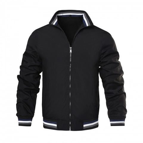 Men Casual Bomber Jacket Solid Color Stand Collar Windbreaker Zip Up Coach Jacket With Striped Ribbed Cuffs Outerwear