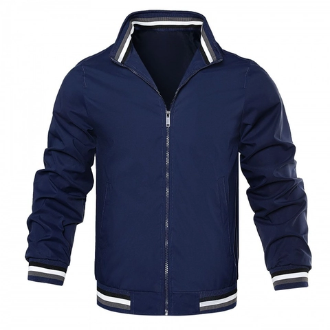 Men Casual Bomber Jacket Solid Color Stand Collar Windbreaker Zip Up Coach Jacket With Striped Ribbed Cuffs Outerwear