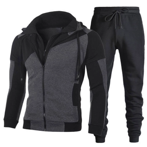 Ensemble Survêtement Homme en Polyester Décontracté Bloc de Couleur Sweat à Capuche Veste Zippée et Pantalon de Jogging