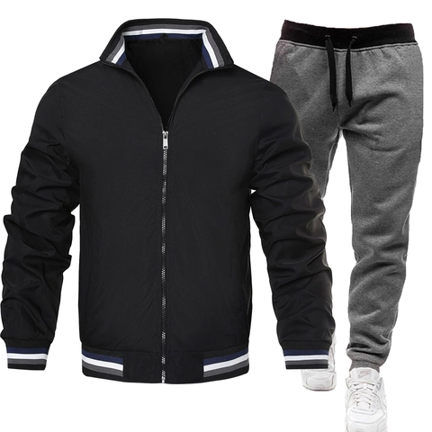 Men's Casual Sporty Tracksuit Stand Collar Zip Up Jacket And Drawstring Jogger Pants Striped Ribbed Trim Men Suits