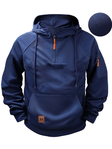 Men Tactical Outdoor Hoodie Polyester Fleece Lined Quarter Zip Sweatshirt Multi-Pocket Solid Color Long Sleeve Hooded Top