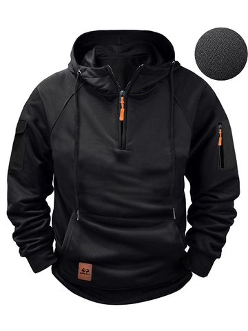 Men Tactical Outdoor Hoodie Polyester Fleece Lined Quarter Zip Sweatshirt Multi-Pocket Solid Color Long Sleeve Hooded Top