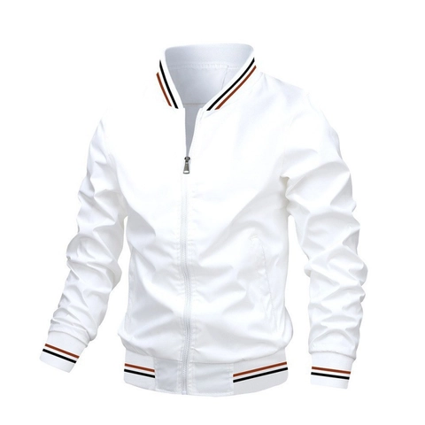 Giacca Bomber Casual da Uomo in Poliestere Antivento con Collo in Piedi Cappotto con Polsini a Costine a Strisce Zip Sportiva
