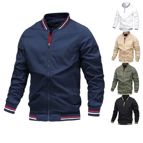 Veste Bombardier Décontractée pour Hommes en Polyester Coupe-vent Col Montant Avec Poignets Rayés Fermeture Éclair Sportive