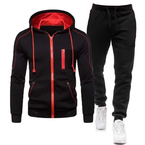 Ensemble de Sport Décontracté pour Hommes Sweat à Capuche et Pantalon en Mélange de Poliester Zippé pour Automne Printemps