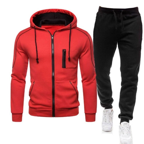 Ensemble de Sport Décontracté pour Hommes Sweat à Capuche et Pantalon en Mélange de Poliester Zippé pour Automne Printemps