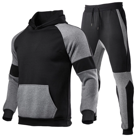 Herren Fleecegefütterte Hoodie Trainingsanzug Set Farbblock Patchwork Kapuzenpullover Und Jogginghose Sport Set