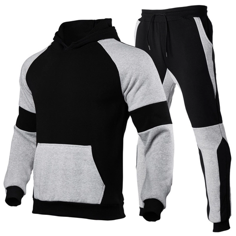 Men's Casual Patchwork Tracksuit Set Polyester Hooded Sweatshirt And Jogger Pants 2 Piece Sports Sweatsuit For Men
